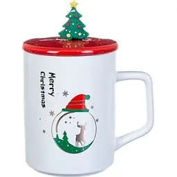 Кружка R33367-2 Новорічний калейдоскоп кераміка з кришкою і ложкою 360 мл Біла