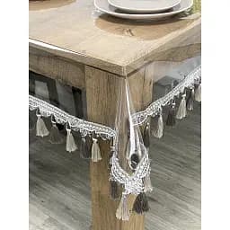 Скатертина силіконова з сіро-молочною бахромою 370х160 см