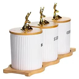 Набір порцелянових банок для сипучіх на бамбуковій підставці 3 шт. по 400 мл для чаю кави цукру Yiwu SCT-652 - мініатюра 4