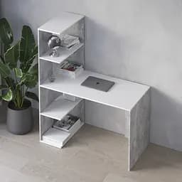 Комп’ютерний стіл Vays M-16 Бетон-Білий, письмовий з боковим стелажем зліва, ЛДСП, 120×60×148 см - для дому, навчання, офісу