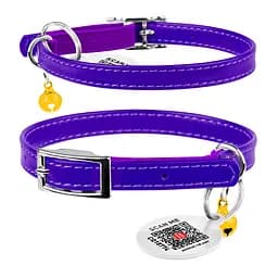 Нашийник для котів шкіряний Waudog Glamour з QR-паспортом без прикрас XXS Ш 9 мм Д 17-20 см фіолетовий