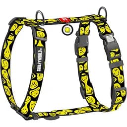 Шлея для собак Waudog Nylon анатомічна H-подібна з QR-паспортом розмір S 1.5х30-45х36-45 см смайли на чорному 