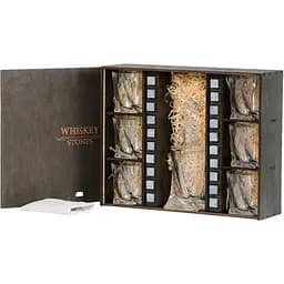Подарунковий набір Whiskey Stones камені для віскі в дерев'яному пеналі №6 + декантер + 6 склянок Bohemia Quadro + щипці + мішечок