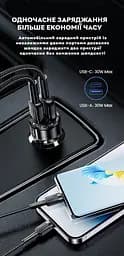 Зарядний пристрій автомобільний в прикурювач Toocki 60W (1 Type-C 30w + 1 USB 30w) з кабилем USB Type-C to Type-C - Black/Transparent - мініатюра 4