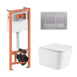 Подвесной унитаз Qtap Crow Ultra Quiet + инсталляция Qtap Nest 4 в 1 (квадратная клавиша Satin), Белый