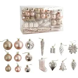 Новогодние украшения с глиттером бежевого цвета, набор из шаров, сосулек, подарков и елочек 72 шт (160779)