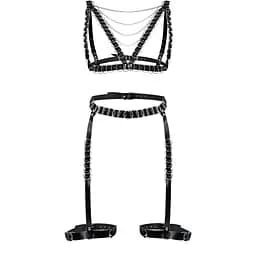 Сексуальний набір гартери та портупея Art of Sex - Geneva прикрашені кільцями, Натуральна шкіра,XS-M