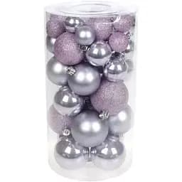 Набір ніжно лілових ялинкових куль 40 шт 3 см 4 см 5 см 6 см з гліттером та перламутром пластикові у прозорій тубі
