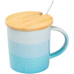 Чашка керамическая Happy Life в скандинавском стиле с крышкой и ложкой бирюзовая 350 мл HP7201LB