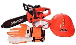 Дитячий ігровий набір інструментів Keyi бензопила, маска, рукавички, каска, на батарейках в коробці Помаранчевий