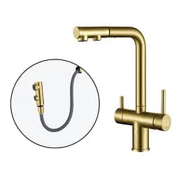 Смеситель для кухни с выдвижным изливом и подключением к фильтру золотой Nett FWG-33 Золотой