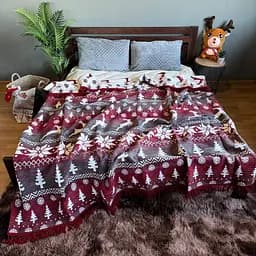 Плед покривало Bridge двосторонній полуторний Бордові Олені зимовий 200х150 Бавовна Червоний
