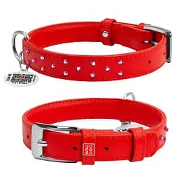 Ошейник для собак кожаный Waudog Glamour с QR-паспортом с клеевыми стразами Ш 20 мм Д 30-39 см красный