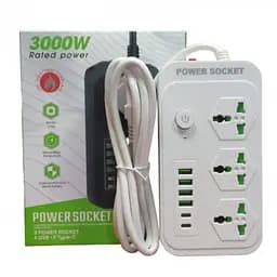 Мережевий фільтр подовжувач 2 метри на 3 розетки, 4 USB 3.4A, 2 Type-C з вимикачем та заземленням 3000 Вт 16А Power Socket J07 білий