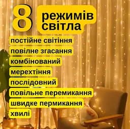 Гірлянда штора жовта з крючками крапля роси USB з пультом 3х2 метра - мініатюра 2