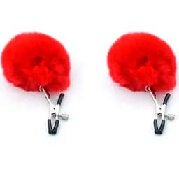 Затискачі для сосків ультрачутливі з хутром Pom Pom Nipple Clamps Червоний K0521-2