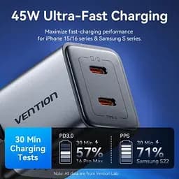 Зарядний пристрій Vention 2xUSB-C PD45W GaN transparent gray (FCFH0-EU) - мініатюра 5