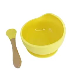 Силиконовая тарелка на присоске с деревянной ложкой MGZ-0103(Yellow) 300 мл