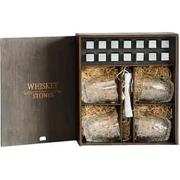 Подарунковий набір Whiskey Stones камені для віскі в дерев'яному пеналі №4 + 4 склянки Bormioli Rocco Dedalo + щипці + мішечок