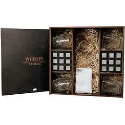 Подарунковий набір Whiskey Stones камені для віскі у дерев'яному пеналі №8 + 4 склянки Bormioli Rocco Dedalo + щипці + мішечок