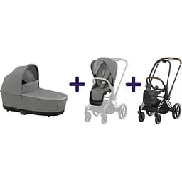Люлька Cybex Priam Lux Conscious Collection Pearl Grey + Текстиль для прогулянкового блоку Cybex Priam Conscious Collection Pearl Grey + Шасі Cybex Priam з каркасом LS RBA Chrome Brown