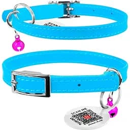Нашийник для котів Waudog Glamour шкіряний з еластичною вставкою та QR паспортом 22-30х0.9 см блакитний - мініатюра 3