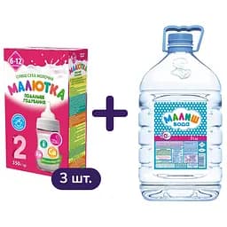 Набір: суха молочна суміш Малютка 2 для дітей 6-12 місяців 1.05 кг (3 шт. x 350 г) + дитяча вода Малиш 5 л