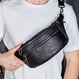Стильна чоловіча бананка з натуральної гладкої шкіри Tiding Bag 14х25х10 для телефону NM-50358 чорна 25 см - мініатюра 1
