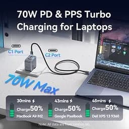 Зарядний пристрій Vention 2xUSB-C PD70W + 1xUSB QC3.0 22.5W GaN + cable USB-C to USB-C 1.0m black gray (TZ-FEXH0-EU) - мініатюра 6