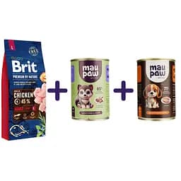 Набор: сухой корм для собак крупных пород Brit Premium Dog Adult L с курицей 15 кг + корм для взрослых собак MAU PAW Кусочки в соусе с птицей 415 г + корм для взрослых собак MAU PAW Кусочки в желе с индейкой и печенью 415 г