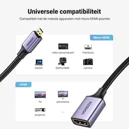 Кабель Ugreen Micro HDMI штекер to HDMI 2.0 роз'єм 4K 60Hz 3D нейлонова обплетення 25CM Gray (HD149) - мініатюра 3
