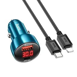 Адаптер автомобільний Hoco Type-C to Lightning Cable Leader dual-port Car charger with digital display set Z50 |1USB/1Type-C,
