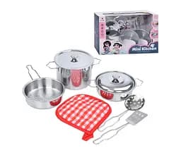 Набор посуды 1818-1 A металлический, 2 каструли, 2 крышки, сковорода, 2 лопатки, полотенечко, в коробке (6980306401074)