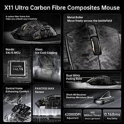 Ігрова бездротова мишка Attack Shark X11 ULTRA / Три режими підключення / Carbon Fiber / Сенсор PAW3950MAX / 42000 DPI / Black - мініатюра 6