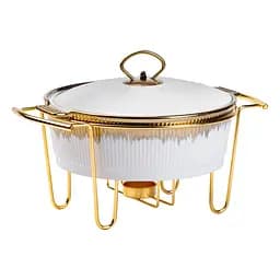 Мармит круглый 1.5 литра настольный с подогревом для блюд керамический на металлической подставке с крышкой Белый с золотым