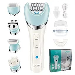 Епілятор жіночий з 5 насадками VGR, Пемза, Масажер, Бритва, депілятор бездротовий, волога епіляція з підсвічуванням
