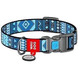 Нашийник для собак Waudog Nylon Етно синій, з QR паспортом, пластиковый фастекс, L, 31-49х2,5 см