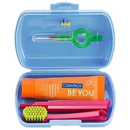 Дорожный набор по уходу за ротовой полостью Curaprox Travel Set Blue: Раскладная щетка CS5460 Ultra Soft + Зубная паста Be You 10 мл + Ершики + Тревел-кейс