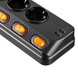 Сетевой фильтр-удлинитель 2E SP-6M-3SW-BK 3м, 6xТипF, 16A, 2xUSB-A, 1x USB-C - мініатюра 4