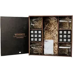 Подарунковий набір Whiskey Stones камені для віскі у дерев'яному пеналі №8 + 4 склянки Pasabahce Luna + щипці + мішечок