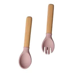Приборы силиконовые детские OldBro ложка и вилка с деревянной ручкой, pinkgrey