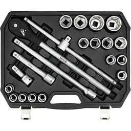 Набор торцевых головок Yato квадрат 3/4", 16 гол- М19-50 мм с инструментами, 21 шт. (YT-13351)