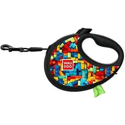 Поводок-рулетка для собак Waudog R-leash с контейнером для пакетов, рисунок "Блоки", светоотражающая лента, M, до 20 кг, 5 м