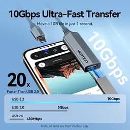 Адаптер Vention USB-C > USB-A 3.2 Gen 2 + PD 100W 10 Гбіт/с OTG 0.15 м Gray (CCAHB) - мініатюра 2