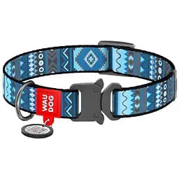 Нашийник для собак Waudog Nylon Етно синій, з QR паспортом, металева пряжка-фастекс, S, 23-35х1,5 см