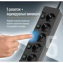 Мережевий фільтр живлення ColorWay (CW-PSEA52SBK) 5 розеток2м (CW-PSEA52SBK) - мініатюра 6