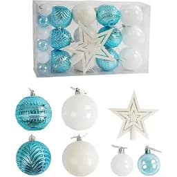 Набір новорічних прикрас 24 іграшки на ялинку з зірочкою на верхівці, блакитного та білого кольору (161358)