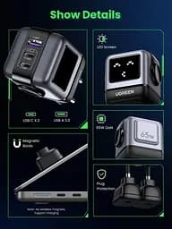 Зарядний пристрій Ugreen CD361 Nexode Robot GaN Tech USB-A + 2*USB-C 65 W (UGR-25685B) - мініатюра 5
