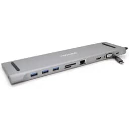 Хаб-конвертер Veggieg TC10 Type-C (папа) на Type-C (мама) + USB3.0 * 3 (мама) + HDMI (мама) + VGA (мама) + jack3.5 (мама) + SD / TF + RJ45, 10 см, Silver, Box