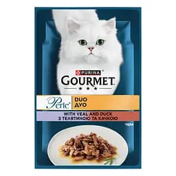 Вологий корм для котів Gourmet Perle Duo міні філе з телятиною та качкою у підливці 85 г, термін придатності до 28.02.2026 р.